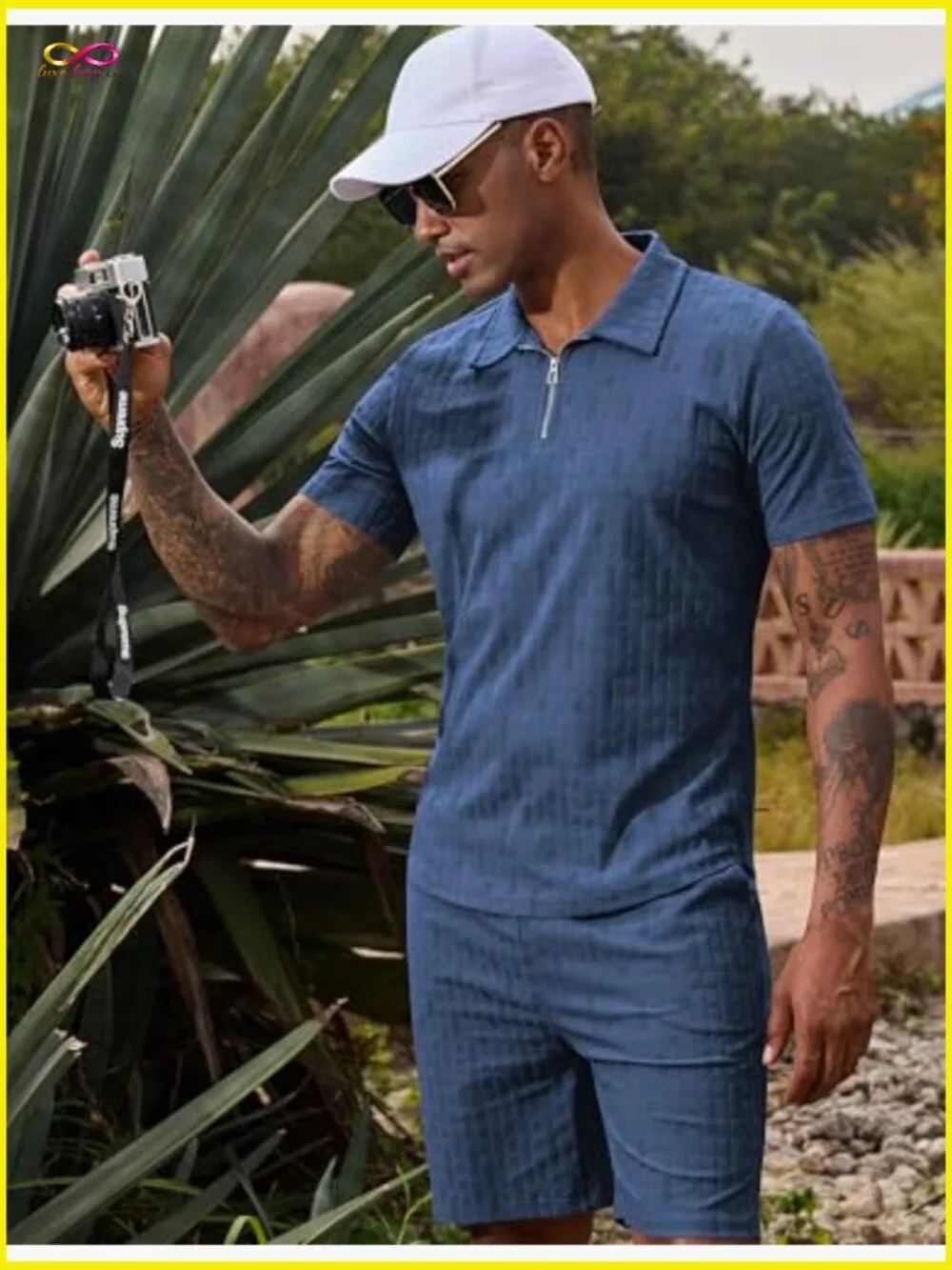Mens Textured Polo Shirt and Shorts Set Casual 2 Piece Summer Outfits Quarter